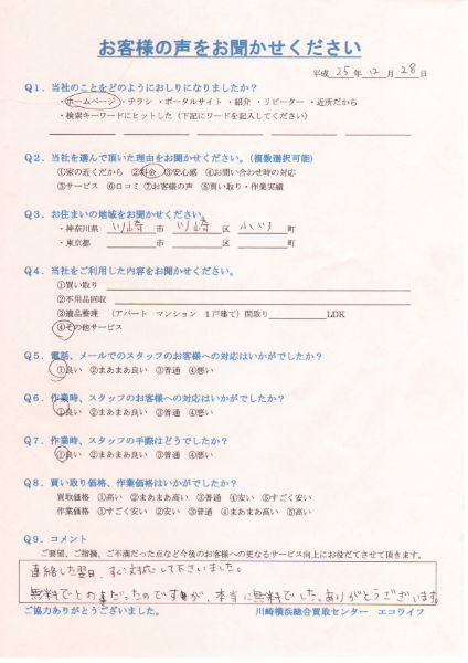 川崎市川崎区小川町のK様から家電製品の無料回収を致しました!!25・12・28