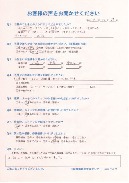 川崎市中原区中丸子のI様から家電製品を買取させていただきました!!25・12・27