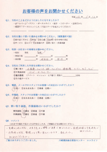 東京都世田谷区奥沢の女性から家電家具を買取致しました!!26・1・12